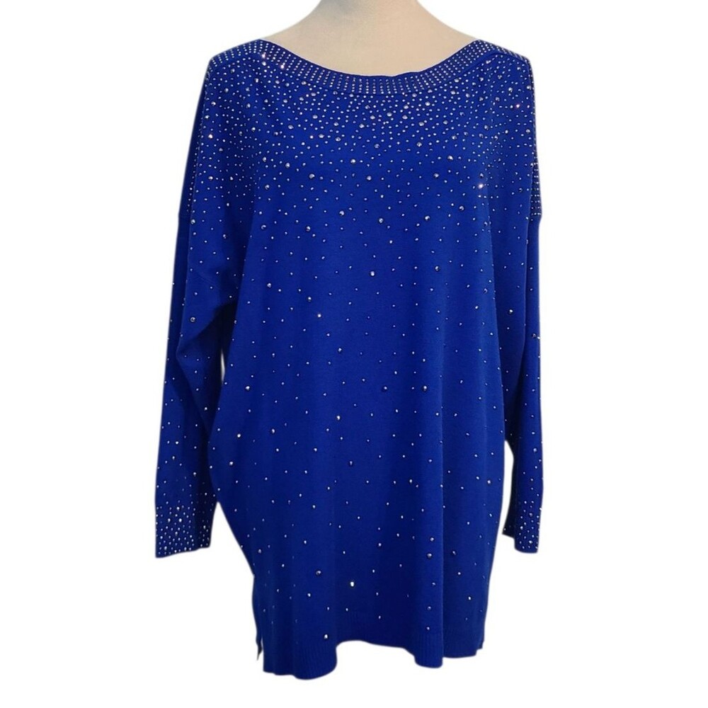 Vila Milano Woman 1X Cobalt Blue Studd Embellish Sparkly Soft Wool Blend Sweater